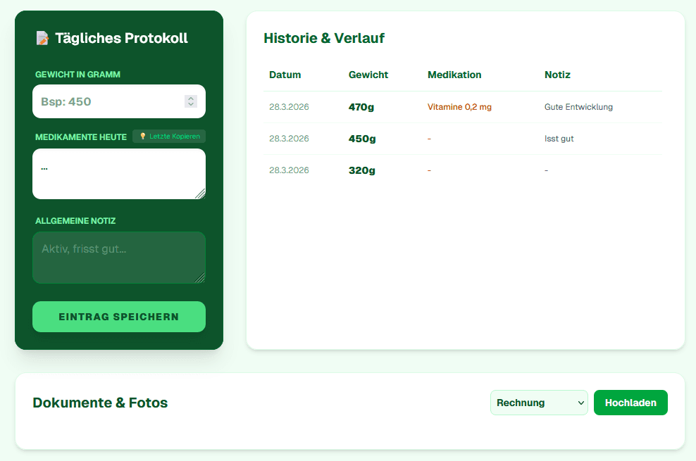Screenshot Gewichtsverlauf und Protokoll